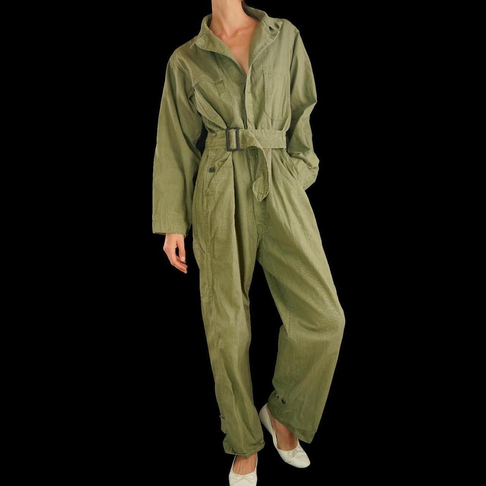 Vintage 1940s military green herringbone belted jumpsuit - Picture 3 of 5